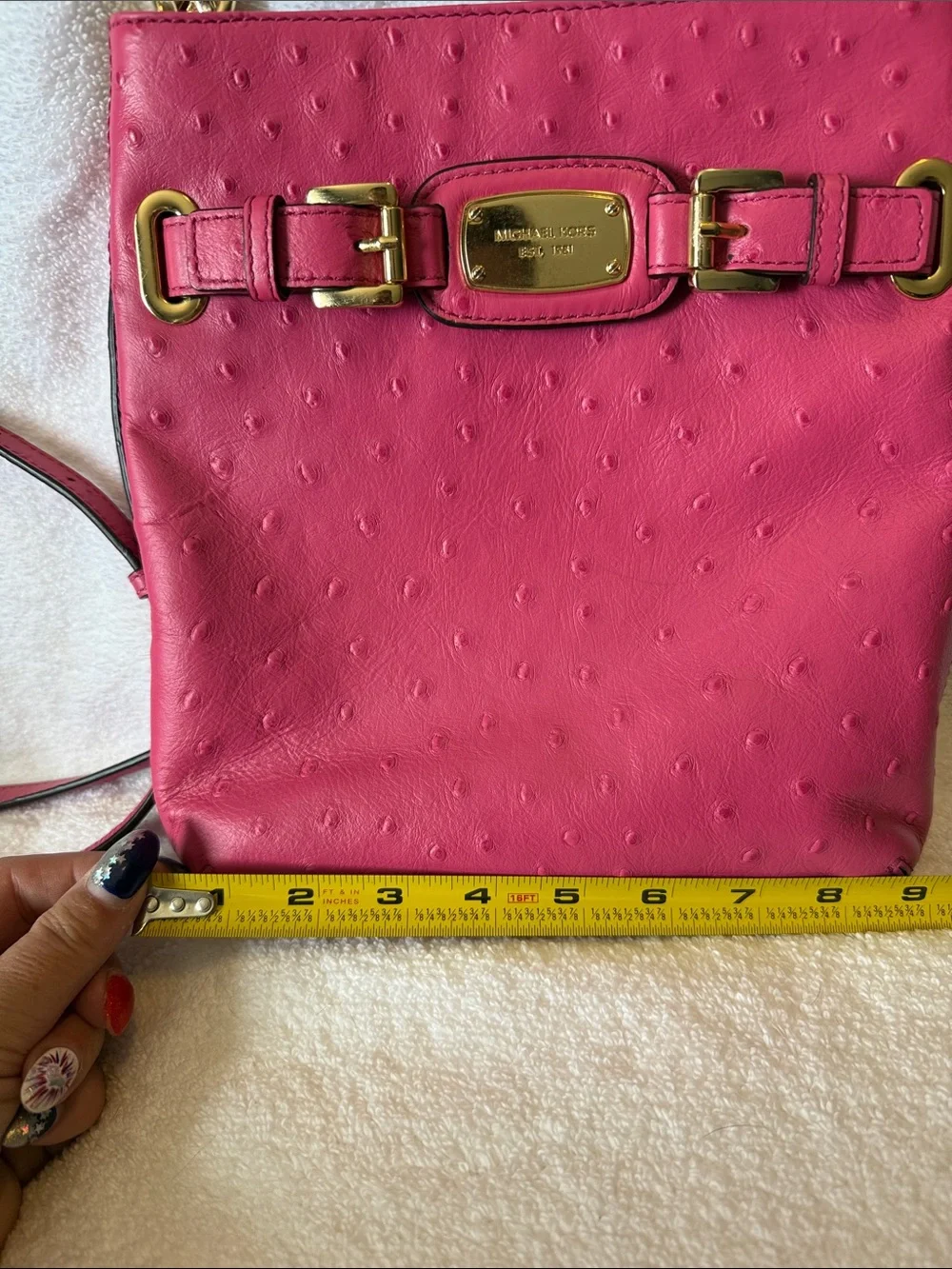 Michael Kors Hot Pink Ostrich-Embossed Crossbody with Gold Hardware